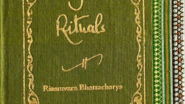 A sample cover of the book: olive green coloured sari with gold embossed nameplate and lettering for the title and author's name. The border of the sari lines the right hand margin of the cover.