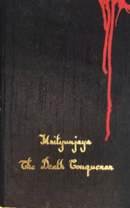 Black handloom sari-bound cover with gold embossed lettering for the title and author's name towards the bottom. On the upper right corner vertical red streaks painted, the longest of which is in alignment with the title.