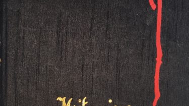 Black handloom sari-bound cover with gold embossed lettering for the title and author's name towards the bottom. On the upper right corner vertical red streaks painted, the longest of which is in alignment with the title.