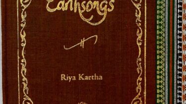 A sample cover of the book: earth-toned handloom sari with gold embossed nameplate and lettering for the title and author's name. The border of the sari lines the right hand margin of the cover.