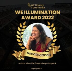 An image announcing the WE Illumination award for 'When Flowers Begin to Speak' by Sonali Pattnaik.