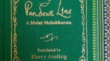A sample cover of the book: emerald-green handloom sari with gold embossed nameplate and lettering for the title and author's name. The border of the sari lines the right hand margin of the cover.