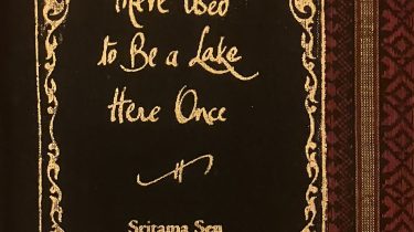 A sample cover of the book: black handloom sari with gold embossed nameplate and lettering for the title and author's name. The border of the sari lines the right hand margin of the cover.
