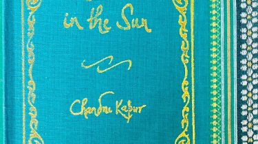 A sample cover of the book: turquoise blue handloom sari with gold embossed nameplate and lettering for the title and author's name. The border of the sari lines the right hand margin of the cover.