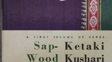 A sample cover of the book: purple handloom sari with gold embossed insignia (top centre) and the author's name and title printed on a paper strip that wraps around the lower half. The border of the sari lines the right hand margin of the cover.